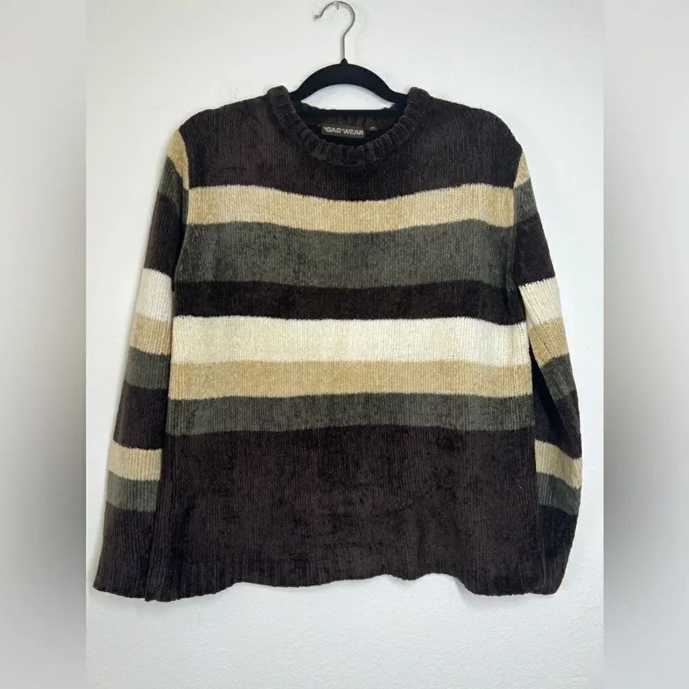 Vintage GAG Wear Velour Sweater Striped Brown Tan Size M